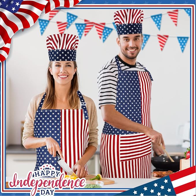 SATINIOR USA 4th of July Flag Kitchen Chef Hat Adjustable Apron 250th - Image 5