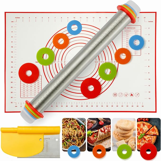 MIKULA Rolling Pin, Rolling Pins Thickness Rings and Silicone Baking Pastry Mat by MIKULA