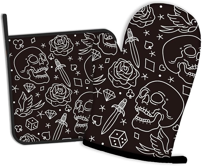 Skull Head with Rose Oven Mitts and Pot Holders Kitchen Cooking Gloves 2 Pcs by Oeaskly