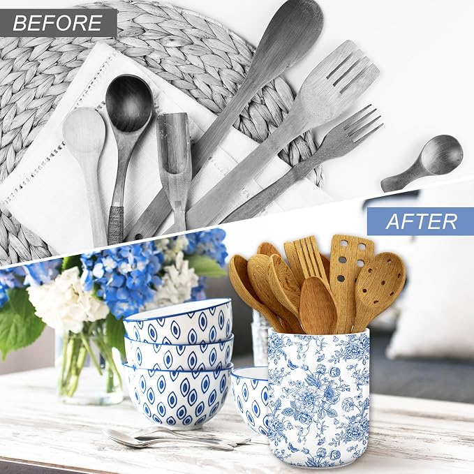 JarThenaAMCS Chinoiserie Floral Ceramic Utensil Holder Blue Flower Butterfly - Image 4