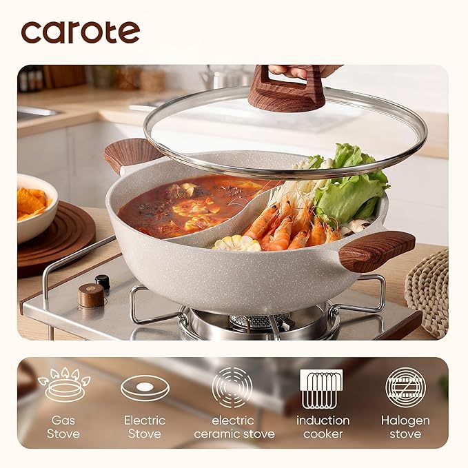 CAROTE Hot Pot with Divider Double Flavor Divided Stockpot with Glass Lid - Image 3