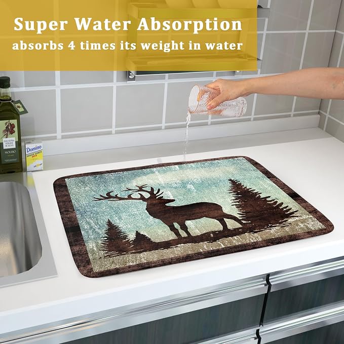 Giwawa Retro Deer Forest Cabin Silhouette Dish Drying Mat Countertop 18x24 Fall - Image 7