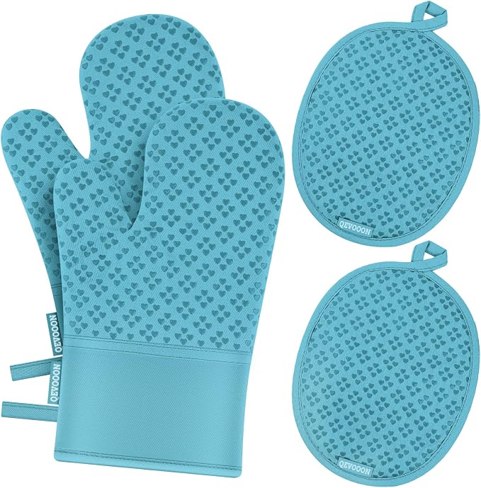 Oven Mitts and Pot Holders 4 Sets, Heat Resistant 500 ℉ Oven Mitt and Pot Holder by QEVOOON