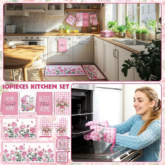 Fourluoo 10 Pcs Pink Rose Kitchen Decor Set Towels and Rugs Oven Mitts and Pot - Image 4