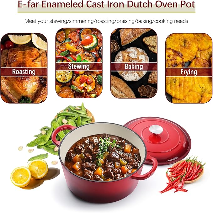 E-far Dutch Oven Pot with Lid, 5 Quart Enameled Cast Iron Round Dutch Oven - Image 3