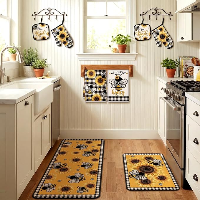 Fourluoo 10 Pcs Bee Kitchen Decor Set Kitchen Towels Rugs Oven Mitts and Pot - Image 5