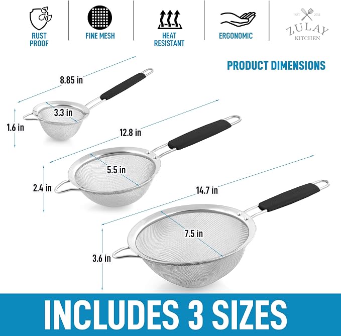 Zulay Kitchen Premium Stainless Steel Fine Mesh Strainer Set - Image 3