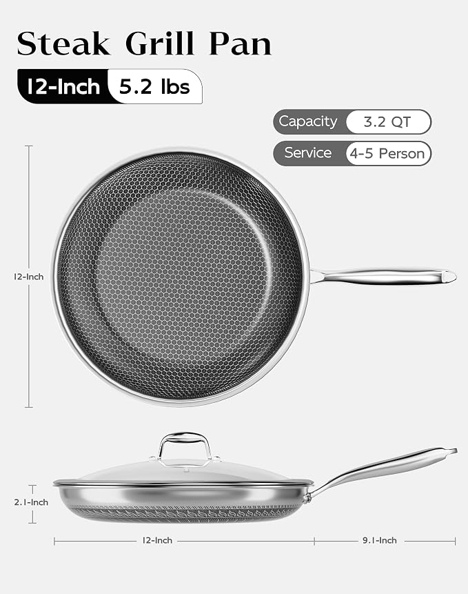 Nonstick Frying Pan with Lid 12-Inch, Durable Stainless Steel Skillet, - Image 2