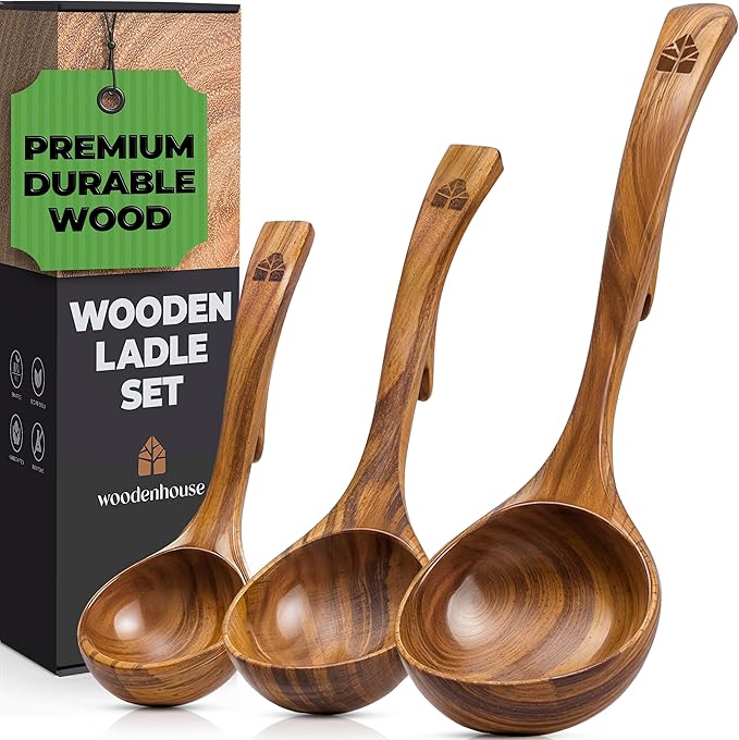 Wooden Ladle for Soup, 3 Size Teak Wood Ladle Spoon by Woodenhouse