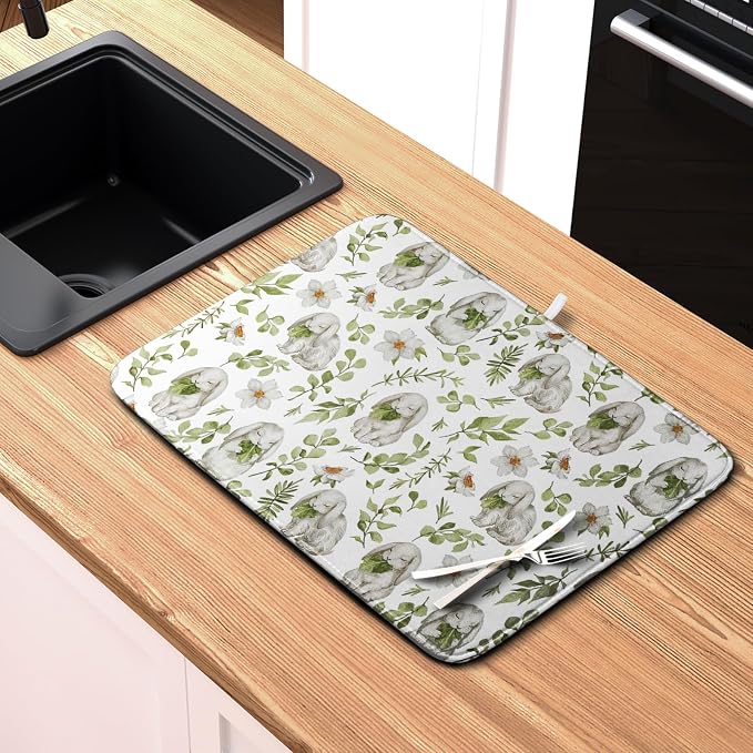 Easter Bunny Floral Drying Mat for Kitchen Counter Spring Easter Rabbits Green - Image 6