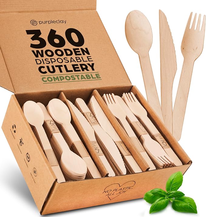 PURPLECLAY Wooden Disposable Utensils Set, Plastic-Free Cutlery by Purpleclay