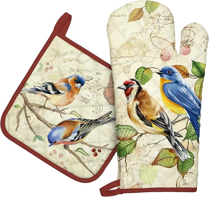 Vintage Bird Oven Mitts and Pot Holders Sets 2Pcs, 100% Cotton Heat Resistant by Arquiel
