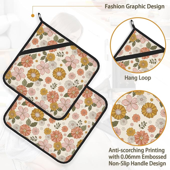 Retro Boho Groovy Flower Pot Holder Set of 2, Heat Resistant Potholders Oven - Image 4