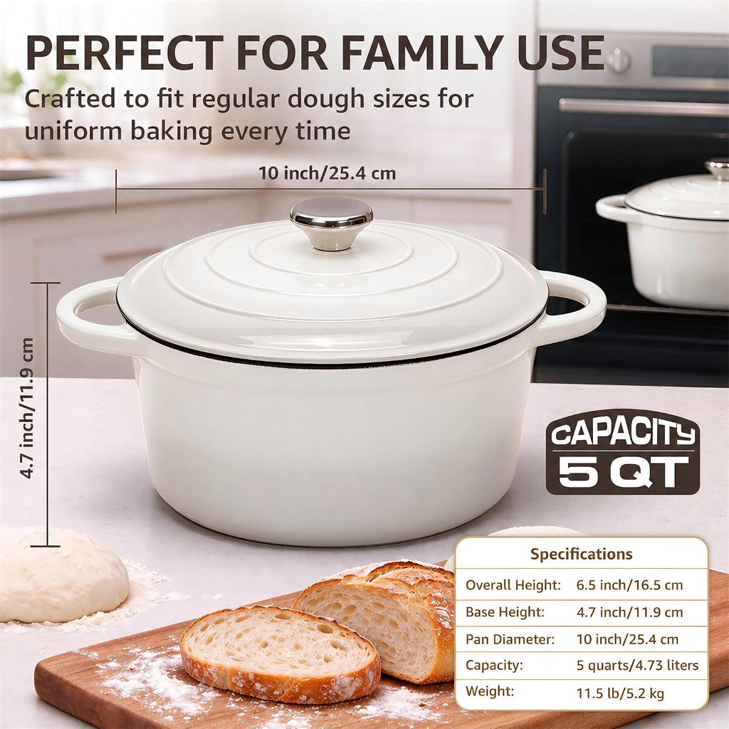 5QT Enameled Cast Iron Dutch Oven for Bread Baking with Lid and