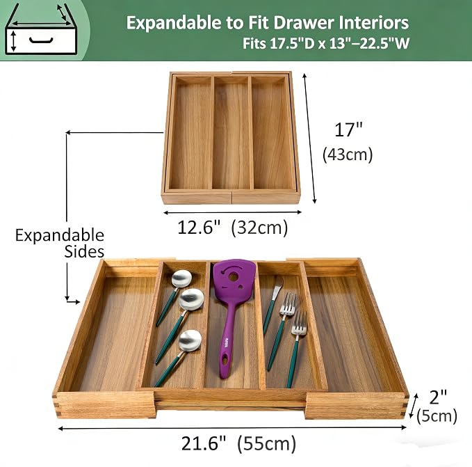 Utoplike Acacia Kitchen Drawer Organizer Expandable, Large Utensils and Cutlery - Image 3