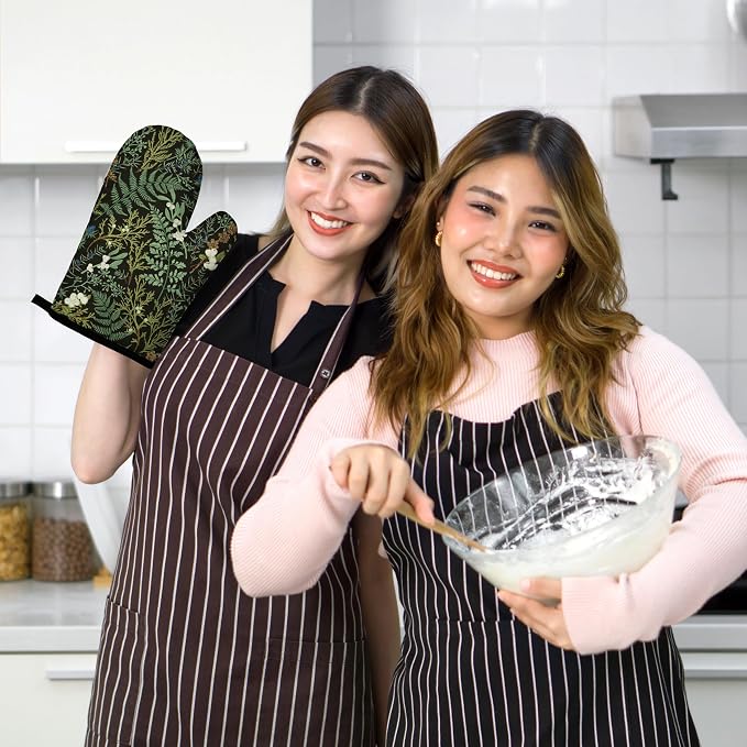 Botanical Print Floral Oven Mitts and Pot Holders Sets Black Sage Green Leaves - Image 7