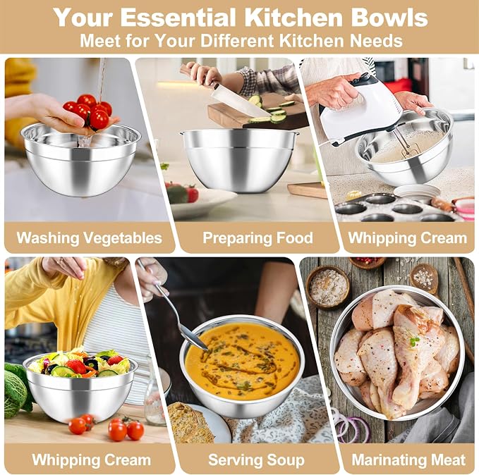 TeamFar Mixing Bowls, 4.5/3/1.5/1/0.7 QT Stainless Steel Nesting Salad Bowls - Image 6