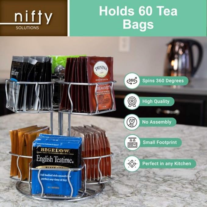 Nifty Tea Bag Spinning Carousel – 6 Compartments, Spins 360-Degrees, Lazy Susan - Image 4