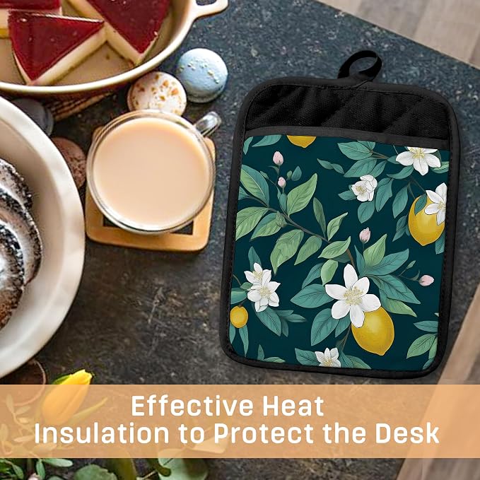 Dark Green Lemon Floral Pot Holders - Image 4