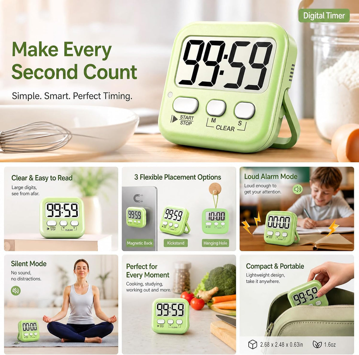 2 Pack Digital Timer with Battery & Lanyards for Classroom Kitchen