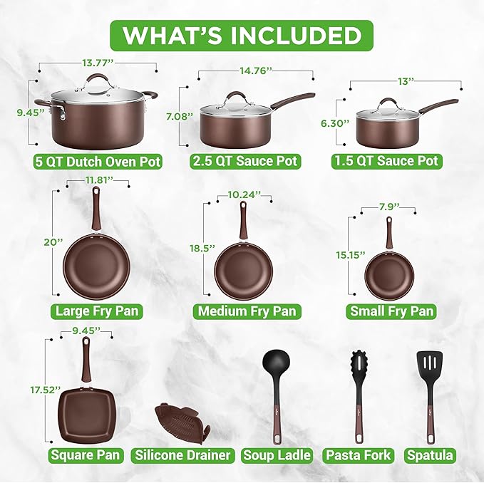 NutriChef 14-Piece Nonstick Brown Cookware Set - Image 4
