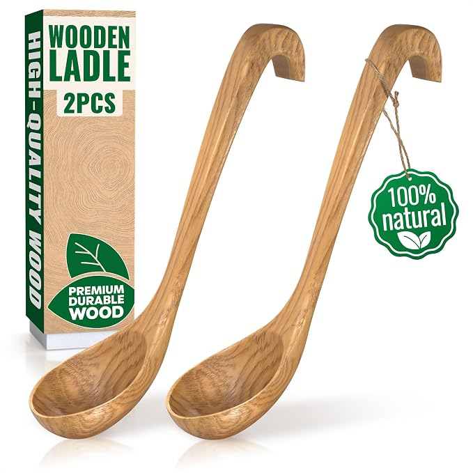 2 Pcs Wooden Ladle for Soup – 10.8×2.8" Bamboo Soup Ladle for Stews and Sauces by HYQO