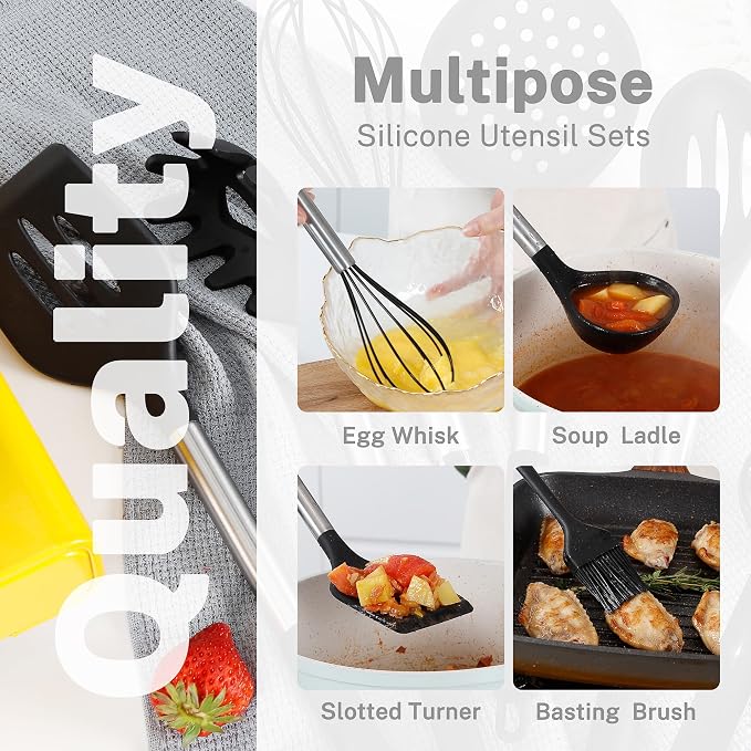 QMVESS Silicone Cooking Utensils Set, 446°F Heat Resistant Spatula, Spoons Set - Image 4