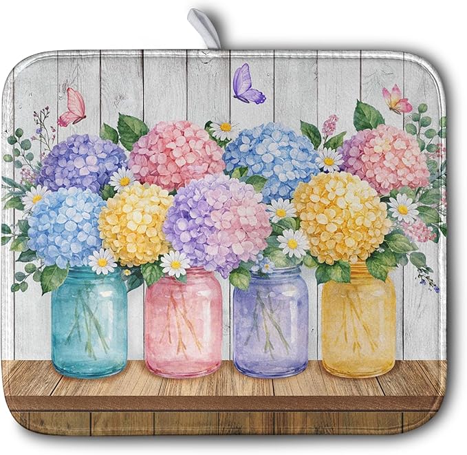 Hydrangea Dish Drying Mat for Kitchen Counter Spring Summer Floral Vases dish by Kwlegh