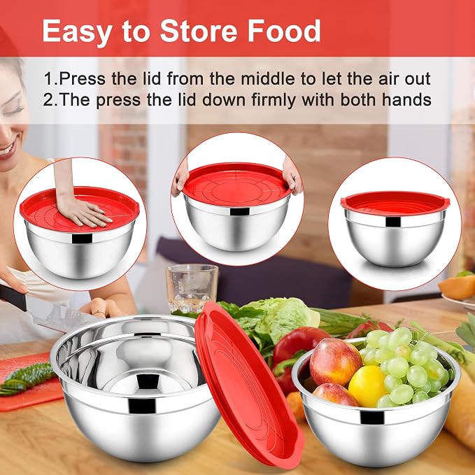 E-far Mixing Bowls with Lids, 6-Piece Stainless Steel Salad Bowls Metal Nesting - Image 7