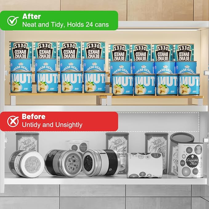 Expandable Can Organizer for Pantry, 3-Tier Adjustable Bamboo & Iron Can Rack - Image 9