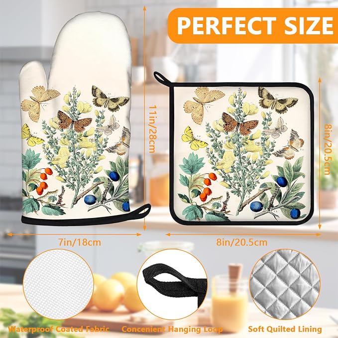 Wildflowers Butterfly Oven Mitts and Pot Holders Sets 4Pcs, Extra Long Oven - Image 2