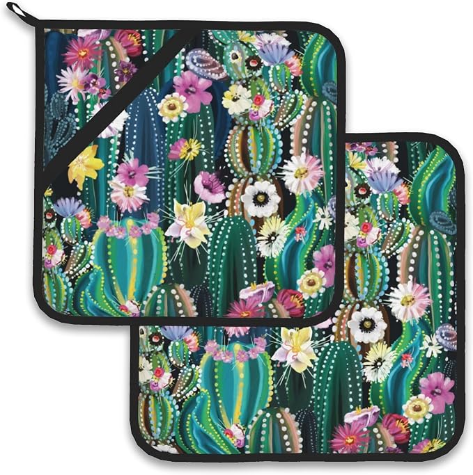 Blooming Cactus Succulents Flowers Pot Holder Set of 2, Heat Resistant by Larkverk
