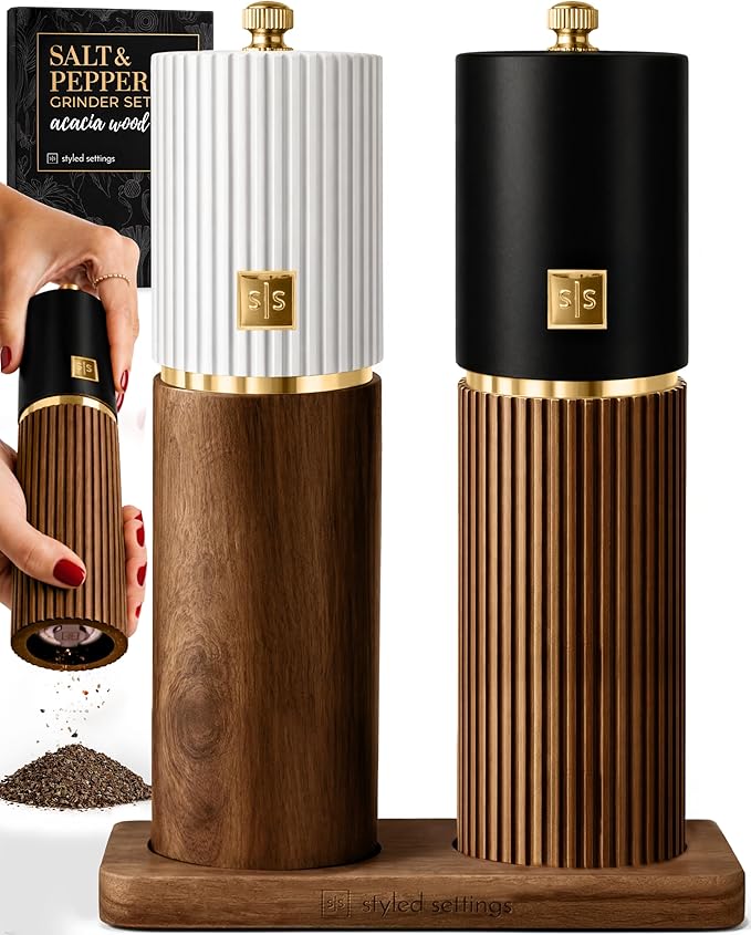 Wooden Salt and Pepper Grinder Set – Refillable Manual Salt and Pepper Mills by STYLEDSETTINGS