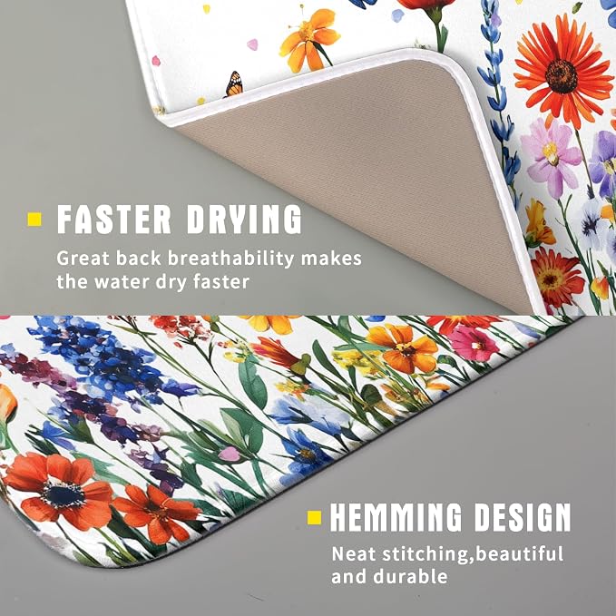 Watercolor Flower Dish Drying Mat 16x18 Inch Floral Butterfly Dish Drainer - Image 3