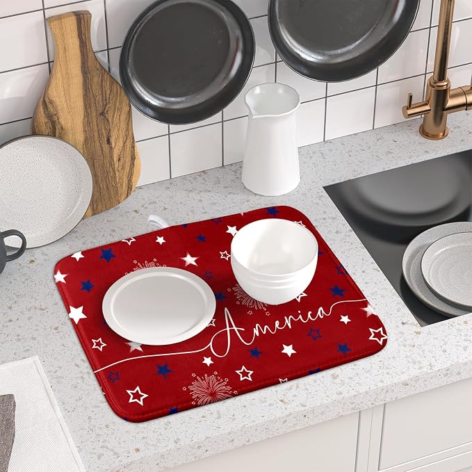 Giwawa 4th of July Dish Drying Mat 16"x18" Patriotic Usa Stars America Firework - Image 5