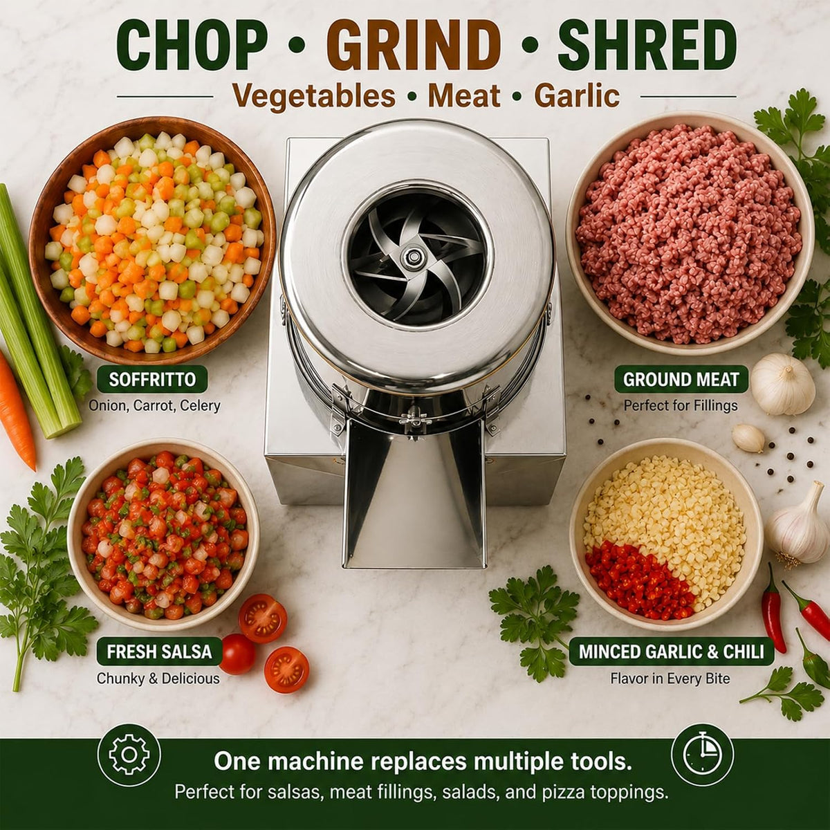 Meal ideas including meat fillings, pizza toppings, sauces, and salads