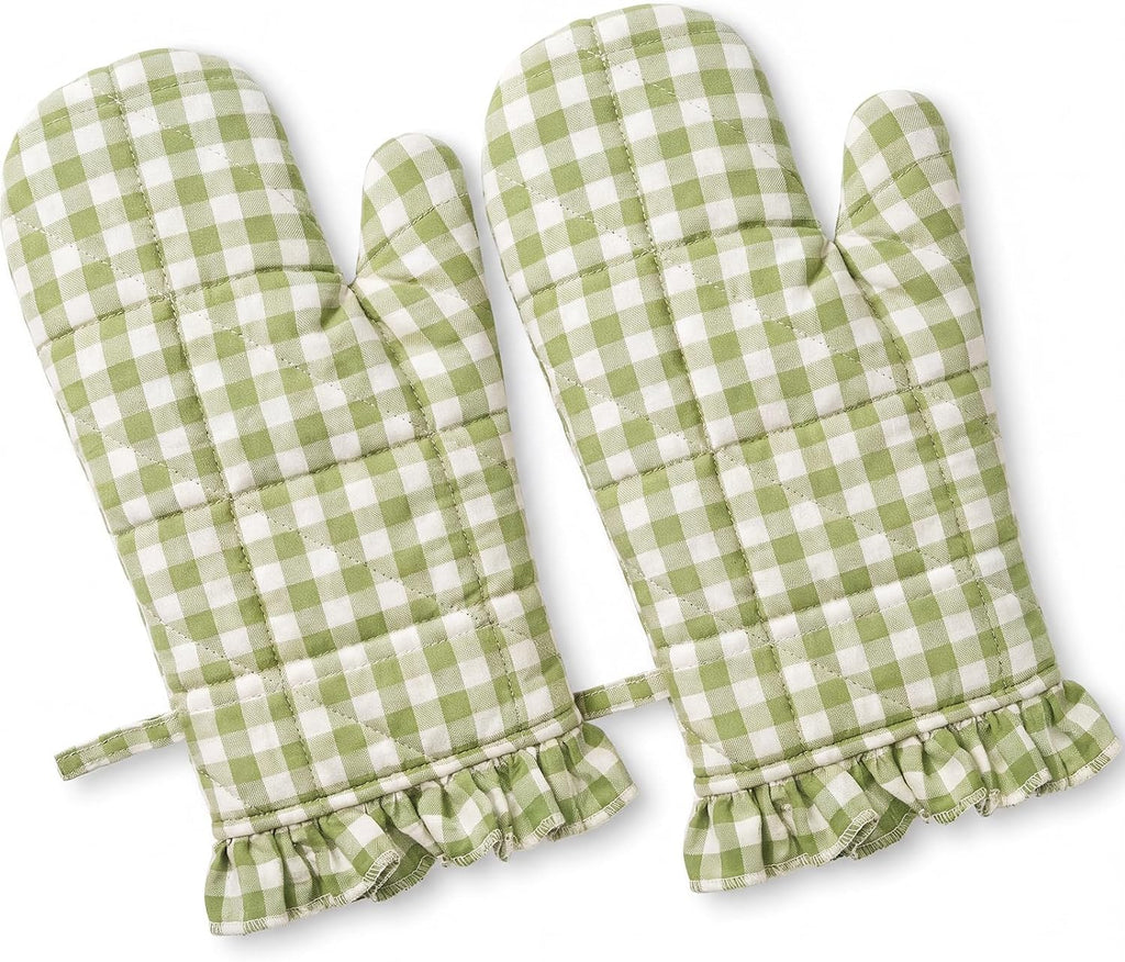 Twistover Ruffle Gingham Oven Mitts 2-Pack Set, Green, 7"x13"