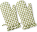 Twistover Ruffle Gingham Oven Mitts 2-Pack Set, Green, 7"x13"
