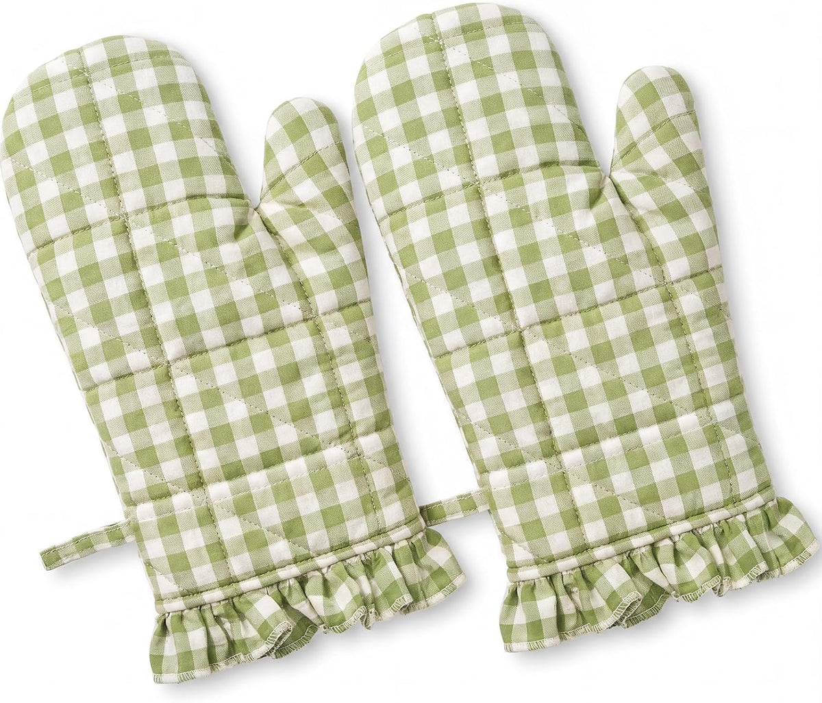 Twistover Ruffle Gingham Oven Mitts 2-Pack Set, Green, 7"x13"