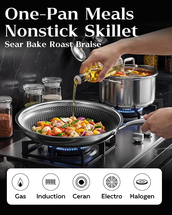 Nonstick Frying Pan with Lid 10-Inch, Durable Stainless Steel Skillet, - Image 4