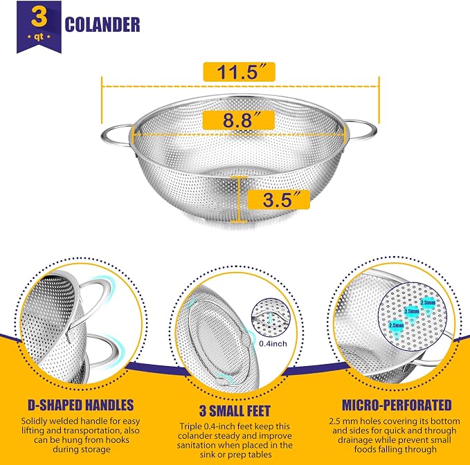 E-far Stainless Steel Colander, 3-Quart Micro-Perforated Metal Colander Strainer - Image 2