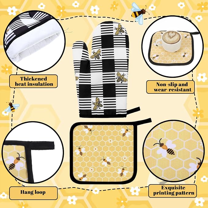 Fourluoo 10 Pcs Bee Kitchen Decor Set Honey Bee Dish Towels Rugs Oven Mitts and - Image 5