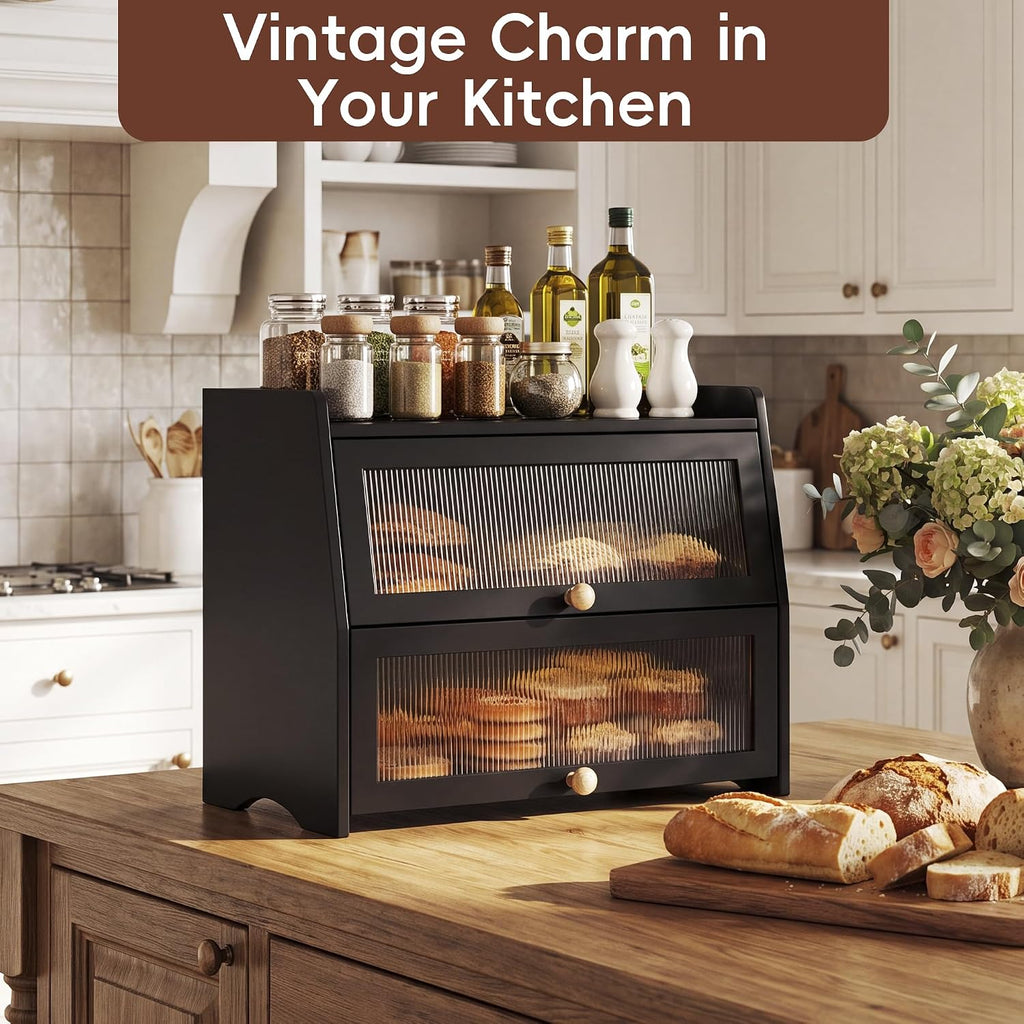 Bread Box for Kitchen Countertop, Double Layer Pine Wood Breadbox