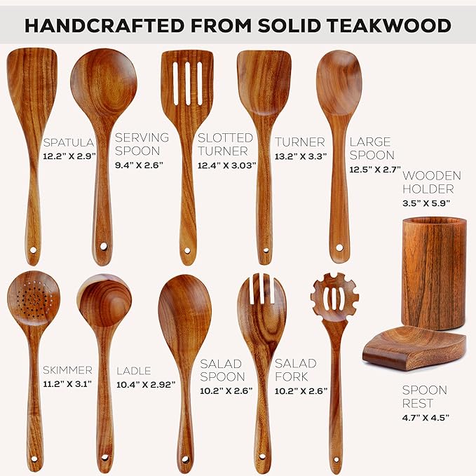 Zulay Kitchen 12-Piece Teak Wooden Utensils - Image 3