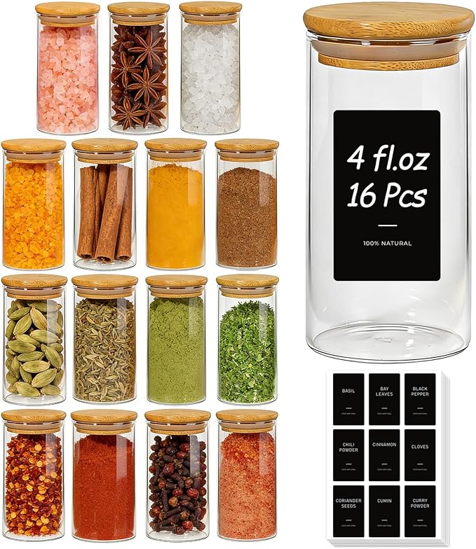 ComSaf Spice Jars with Label 4oz 16 Pack, Glass Spice Jars with Bamboo Lid by ComSaf