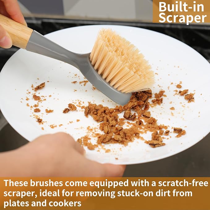 2 Pack Kitchen Dish Brush Bamboo Handle Dish Scrubber Built-in Scraper - Image 5