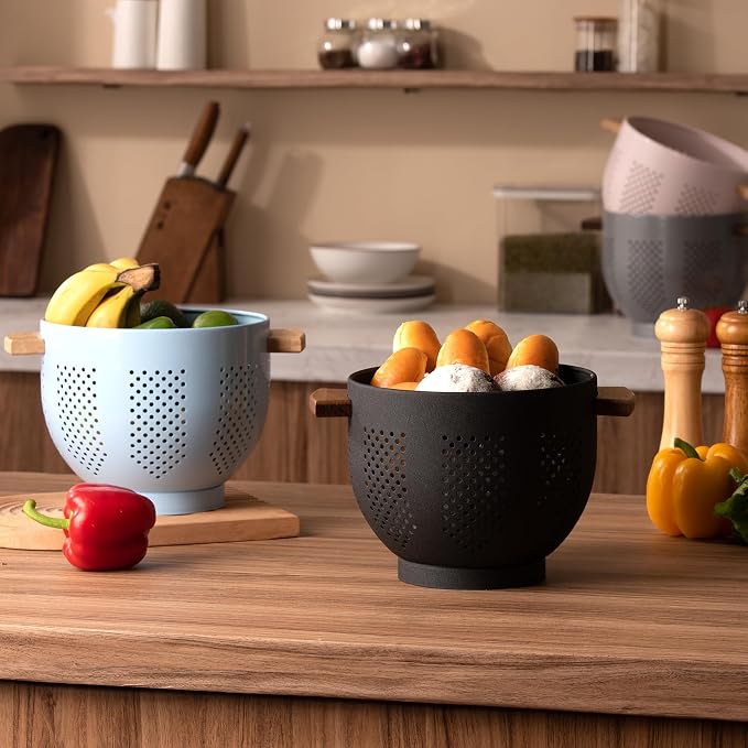 Metal Colander with Wood Handle and Stable Base, Powder Coated Steel Kitchen - Image 7