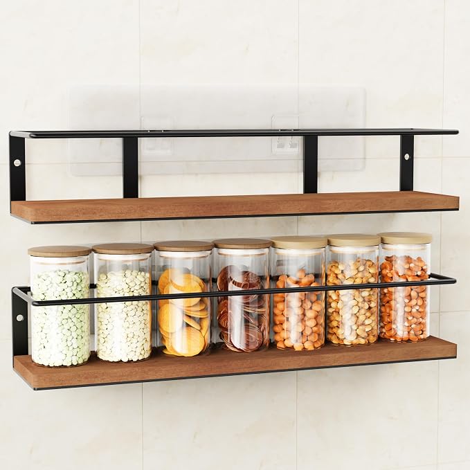 Spice Rack Self-Adhesive or drilling, Rustic Style Hanging Spice Rack, Spice by GIGIFTREE