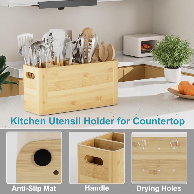 Bamboo Utensil Holder for Kitchen Counter, Extra Large Utensil Organizer for - Image 3
