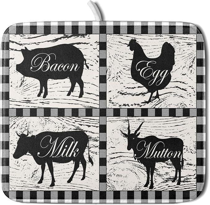 Farmhouse Animal Dish Drying Mat Buffalo Plaid Drainer Rack Mats Fast Dry by Giwawa